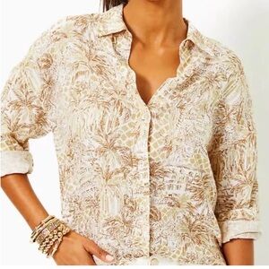 Women's Linen Stevey Sand Bar Beige & Cream Button Up Shirt medium